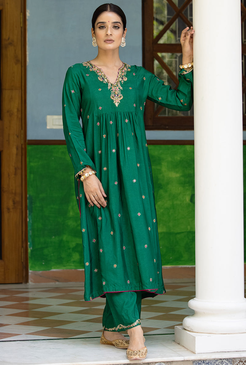 Green Zardozi Front Pleat Aayat Kurta Set