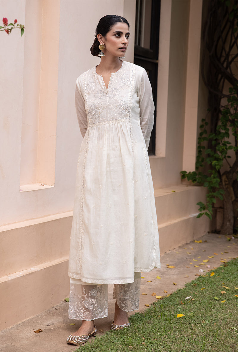 Ivory Applique Yoke Nazam Kurta Set