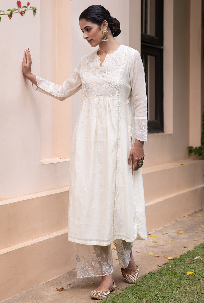 Ivory Applique Yoke Nazam Kurta Set