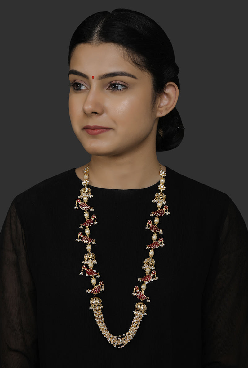 Gold Plated Silver Red Utarai & Polki Bird Motif Long Necklace With Pearl Bunch Stringing