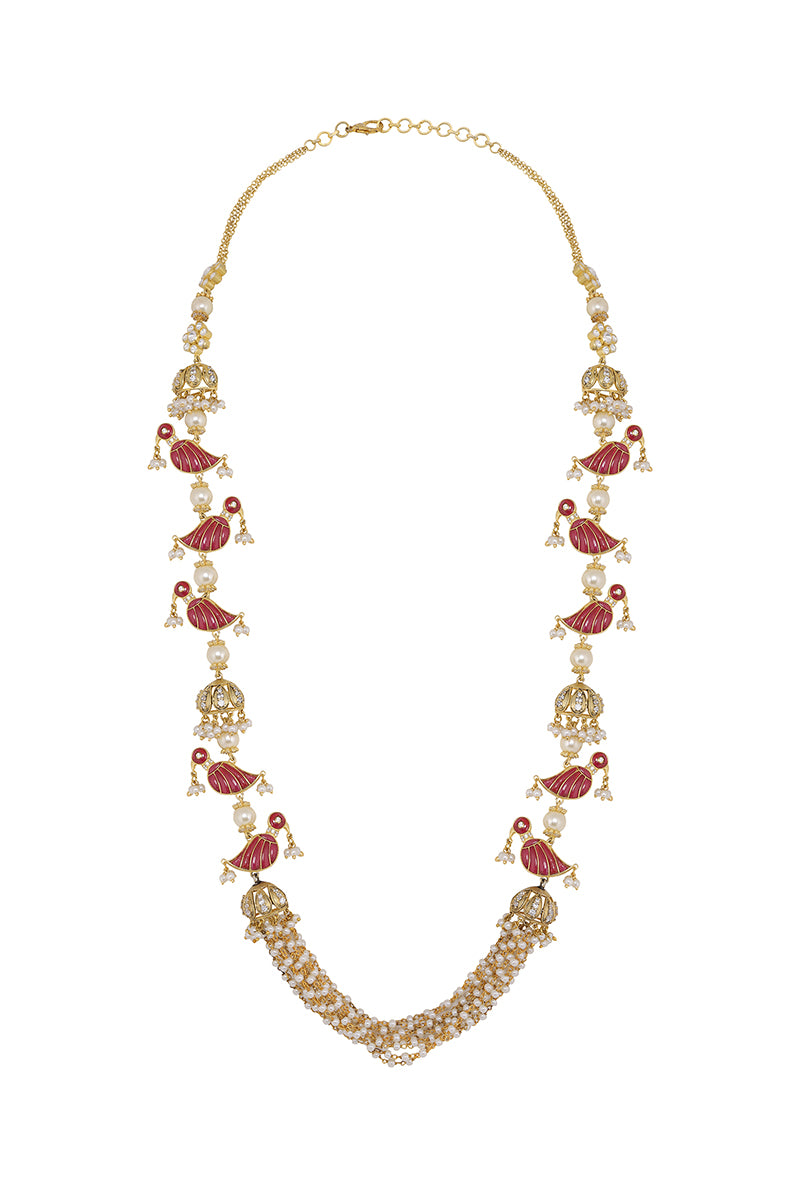 Gold Plated Silver Red Utarai & Polki Bird Motif Long Necklace With Pearl Bunch Stringing