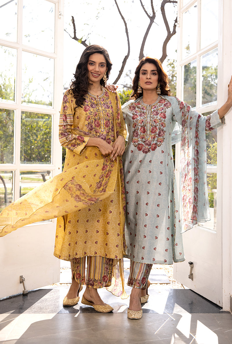 Yellow Classic Rose and Stripe Suhaani Kurta Set