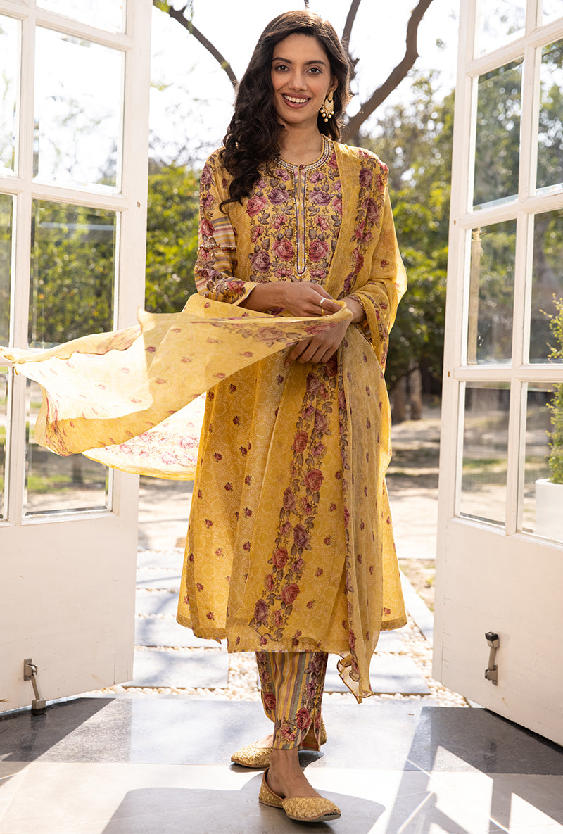 Yellow Classic Rose and Stripe Suhaani Kurta Set