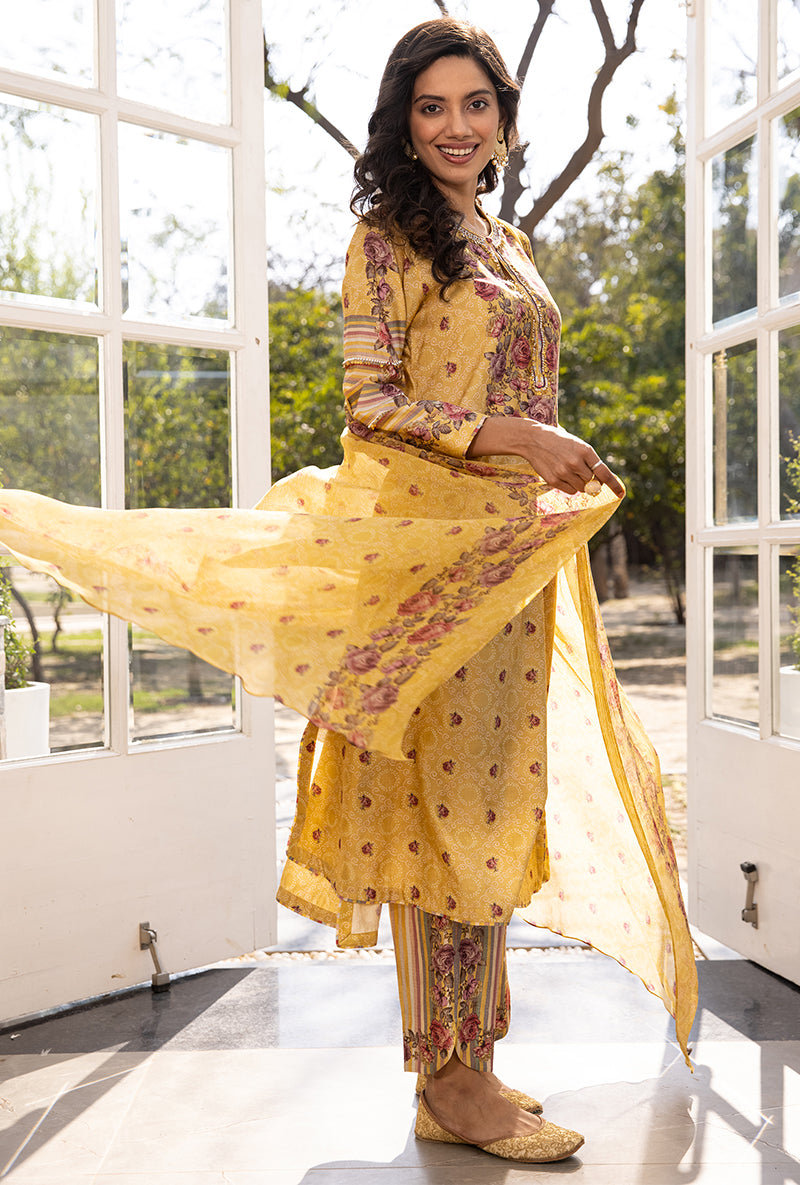 Yellow Classic Rose and Stripe Suhaani Kurta Set