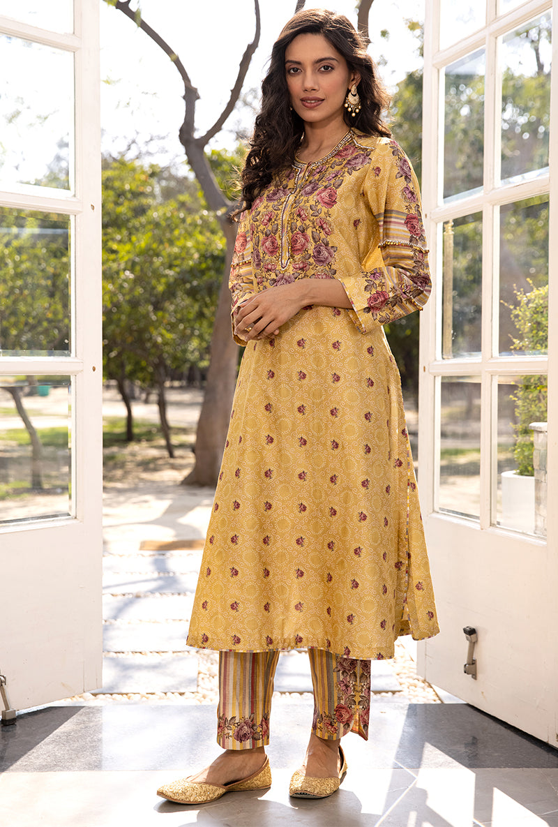 Yellow Classic Rose and Stripe Suhaani Kurta Set