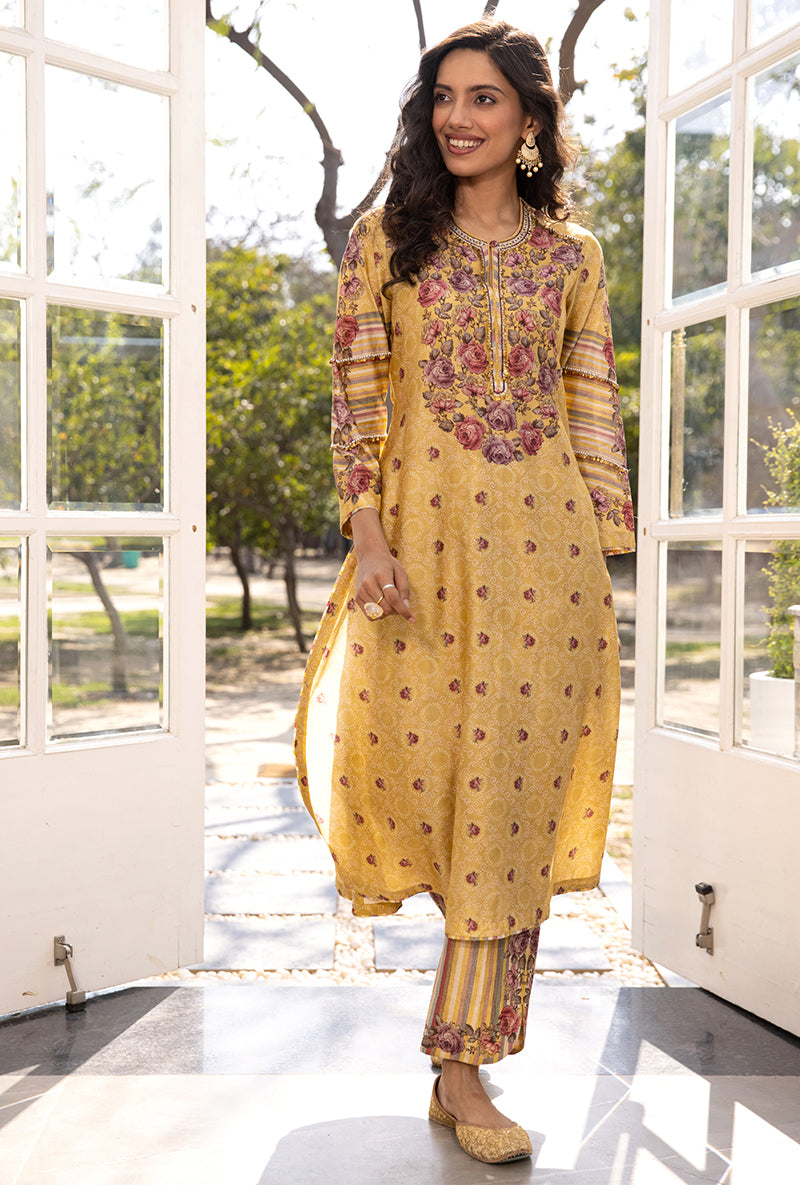 Yellow Classic Rose and Stripe Suhaani Kurta Set
