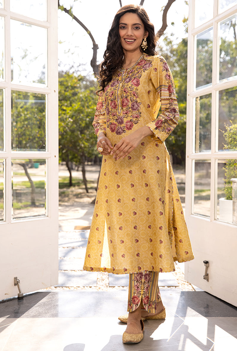 Yellow Classic Rose and Stripe Suhaani Kurta Set