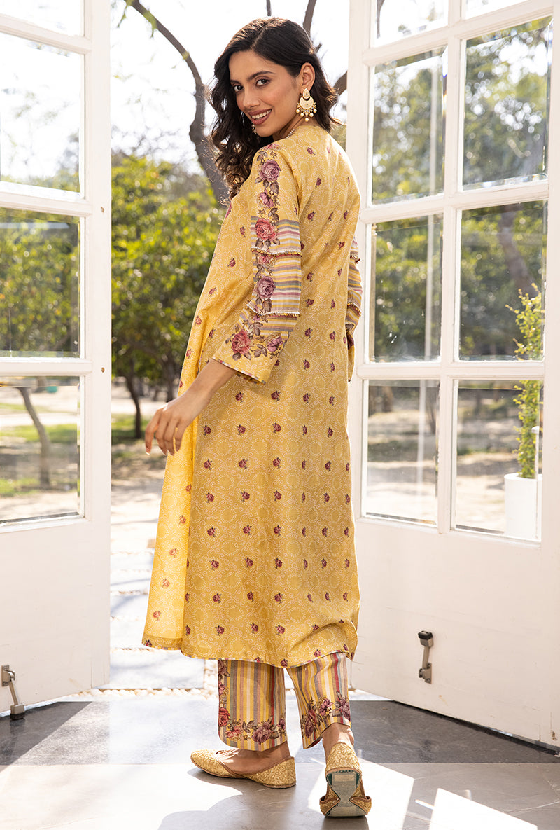 Yellow Classic Rose and Stripe Suhaani Kurta Set