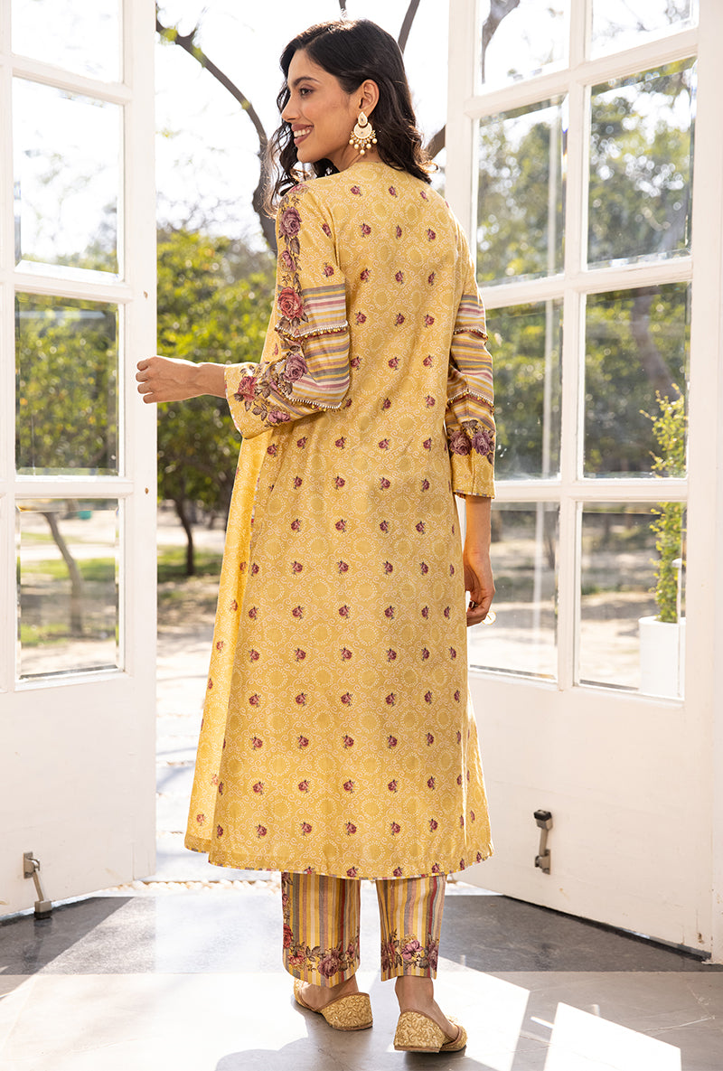 Yellow Classic Rose and Stripe Suhaani Kurta Set