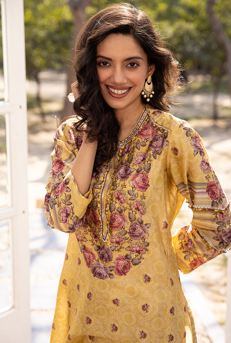 Yellow Classic Rose and Stripe Suhaani Kurta Set