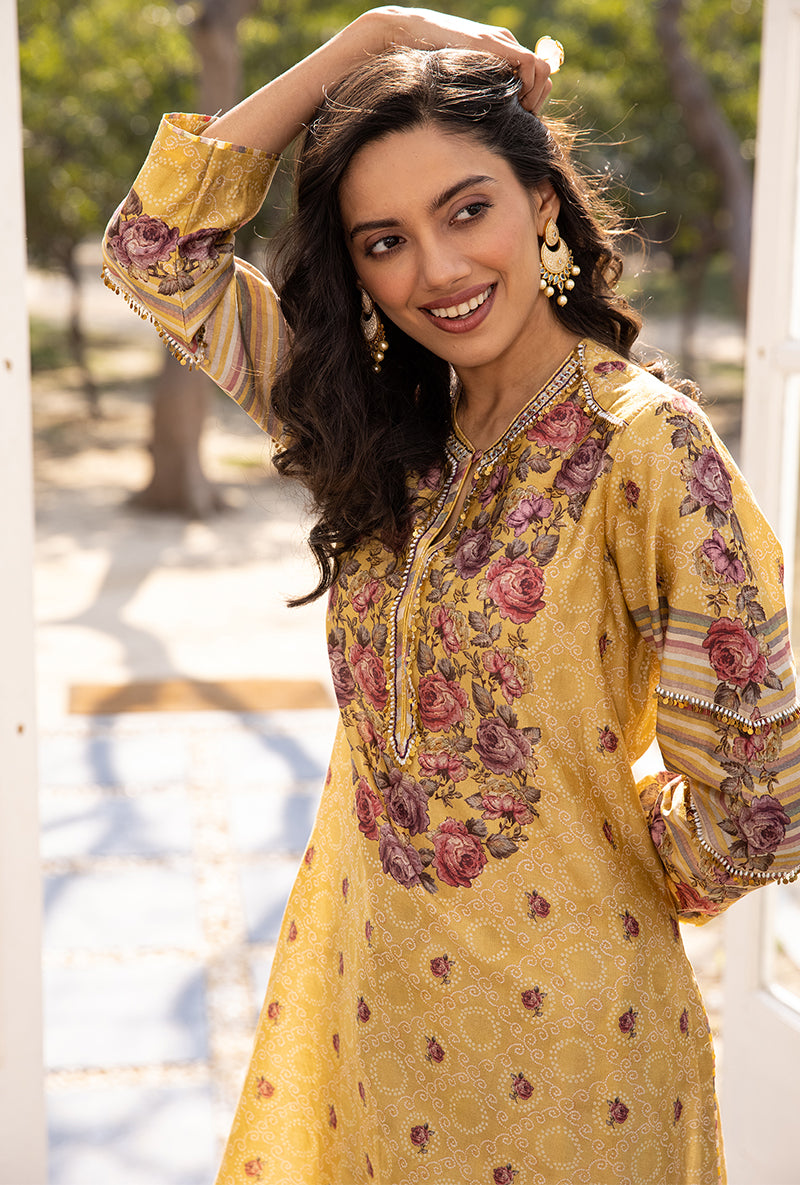 Yellow Classic Rose and Stripe Suhaani Kurta Set