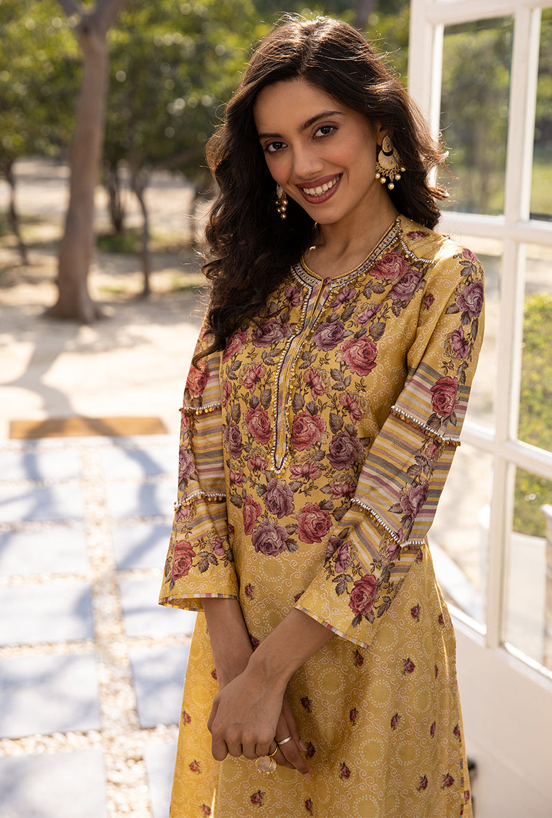 Yellow Classic Rose and Stripe Suhaani Kurta Set