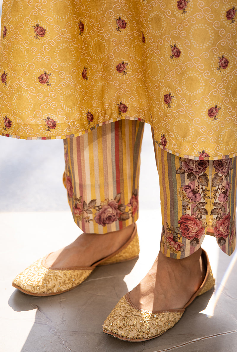 Yellow Classic Rose and Stripe Suhaani Kurta Set