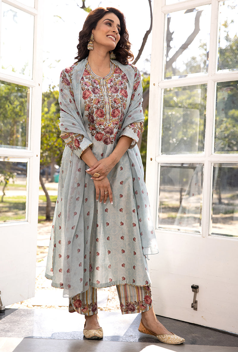 Blue Classic Rose and Stripe Suhaani Kurta Set