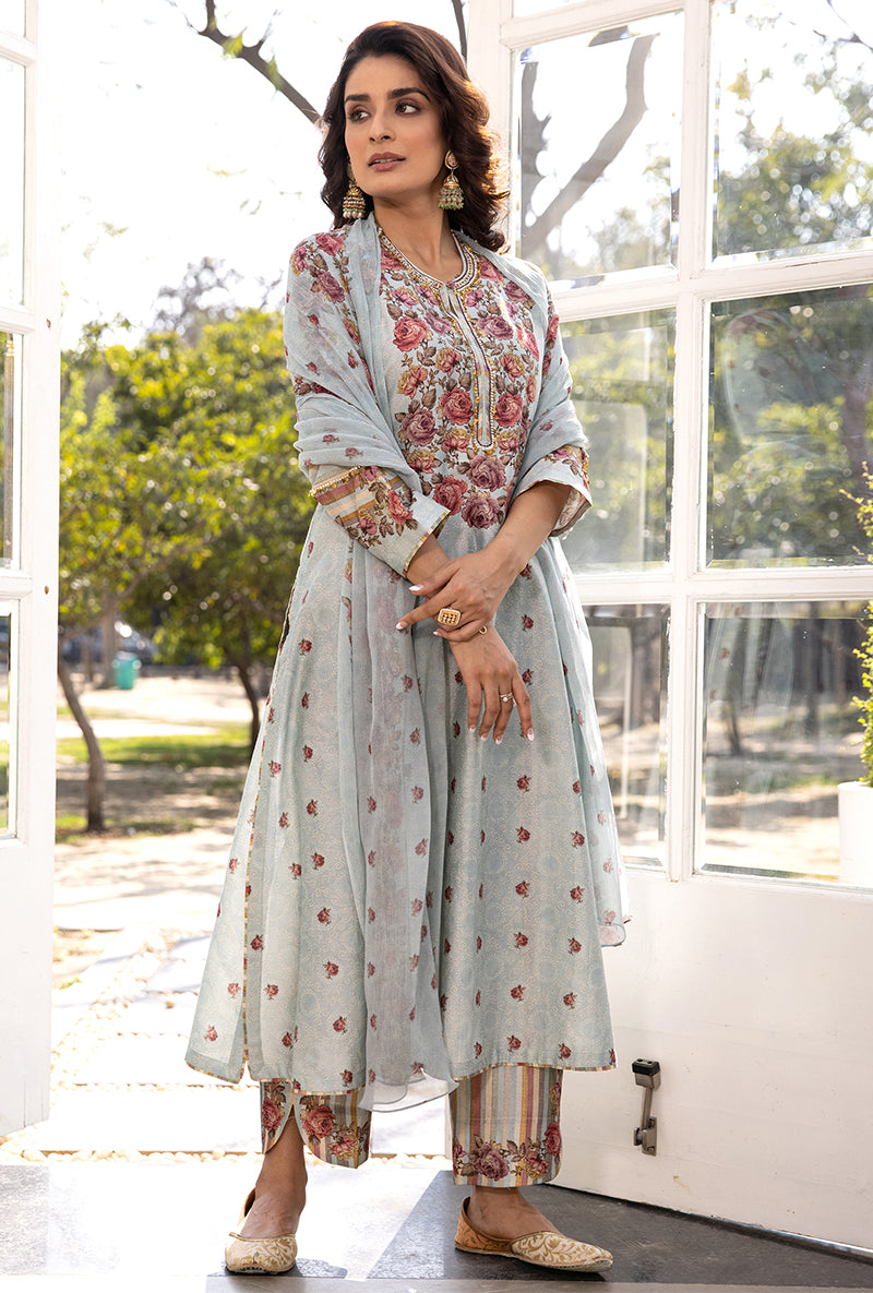 Blue Classic Rose and Stripe Suhaani Kurta Set