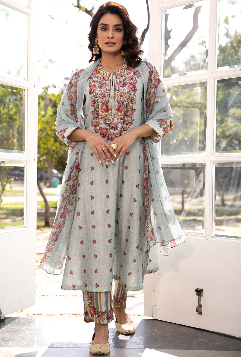 Blue Classic Rose and Stripe Suhaani Kurta Set