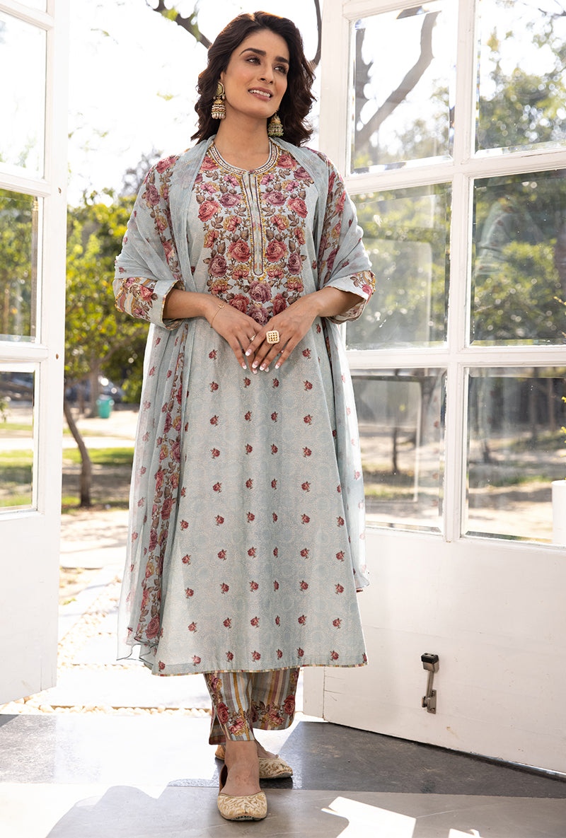 Blue Classic Rose and Stripe Suhaani Kurta Set