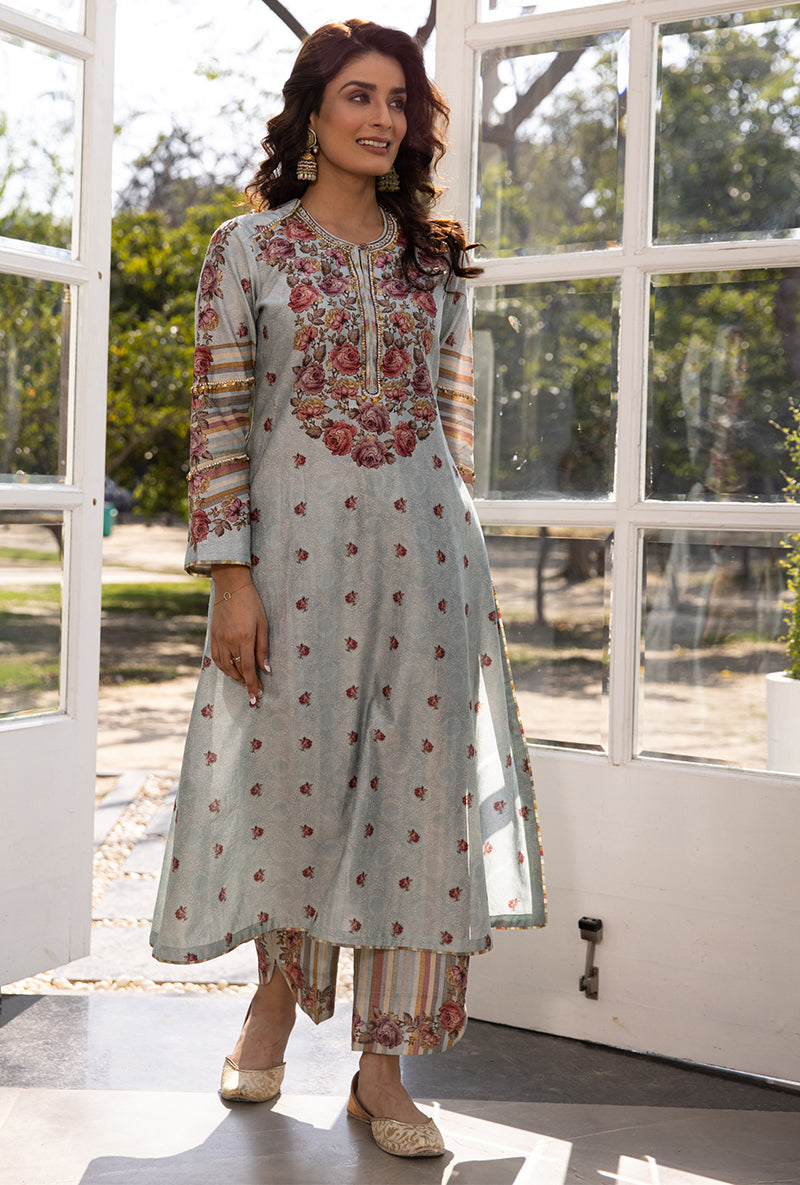 Blue Classic Rose and Stripe Suhaani Kurta Set