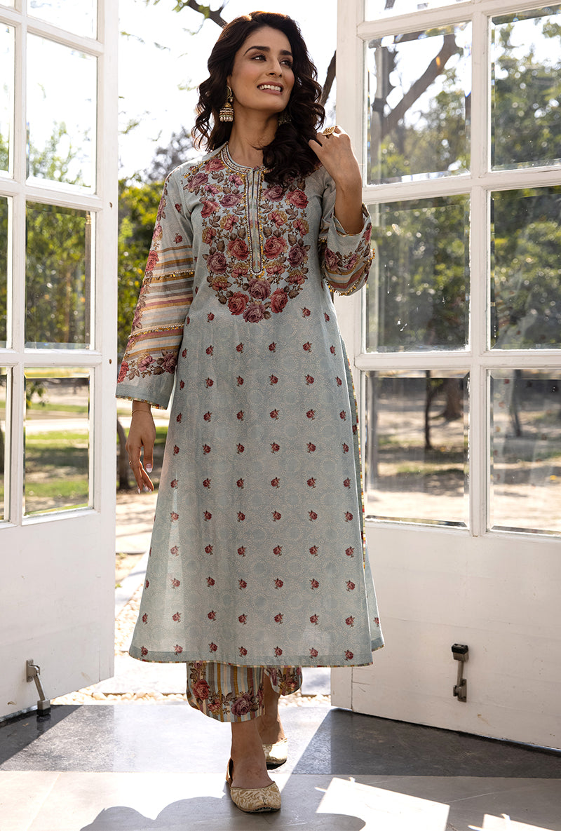 Blue Classic Rose and Stripe Suhaani Kurta Set