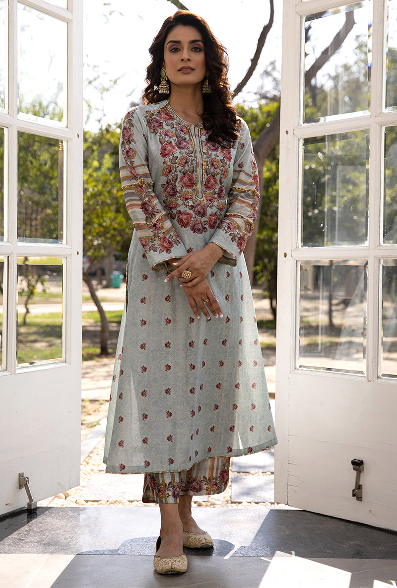 Blue Classic Rose and Stripe Suhaani Kurta Set