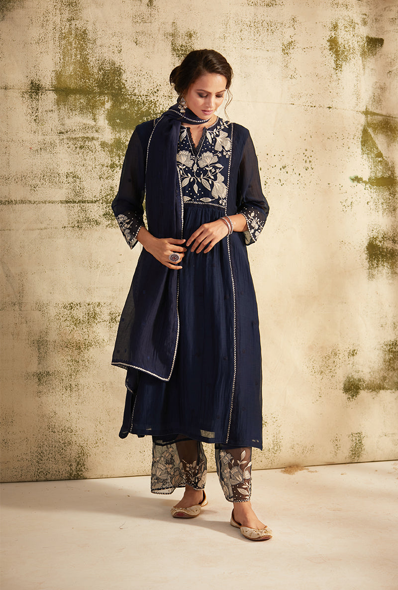 Navy Applique Yoke Nazam Kurta Set