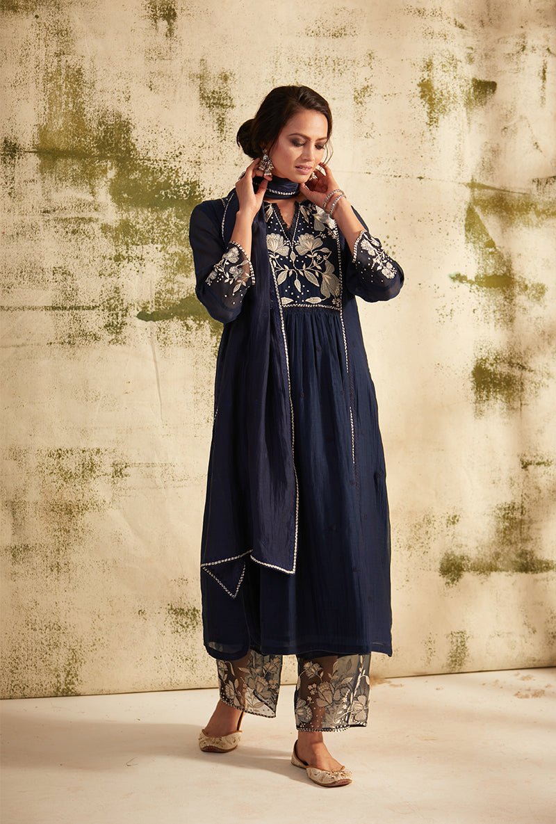 Navy Applique Yoke Nazam Kurta Set