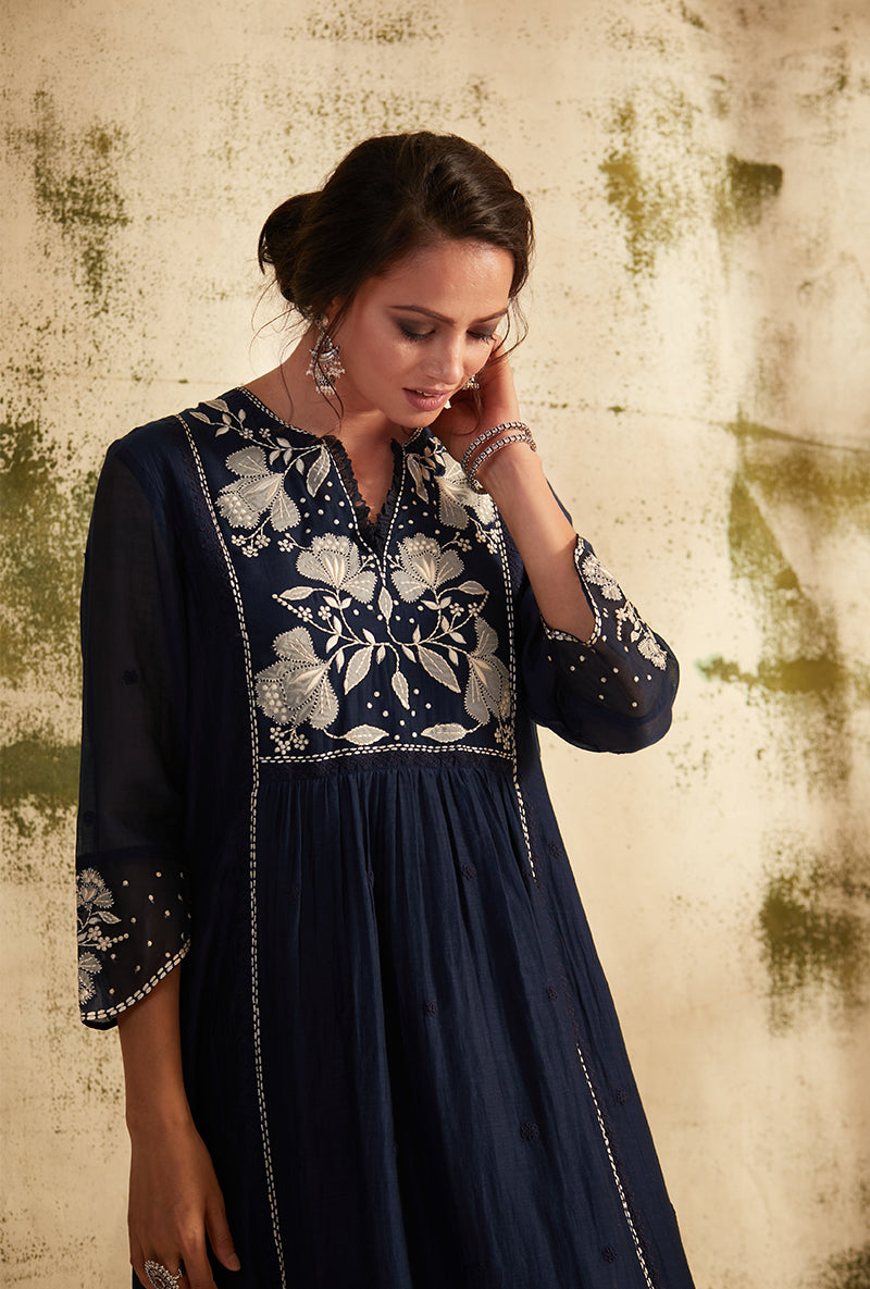 Navy Applique Yoke Nazam Kurta Set