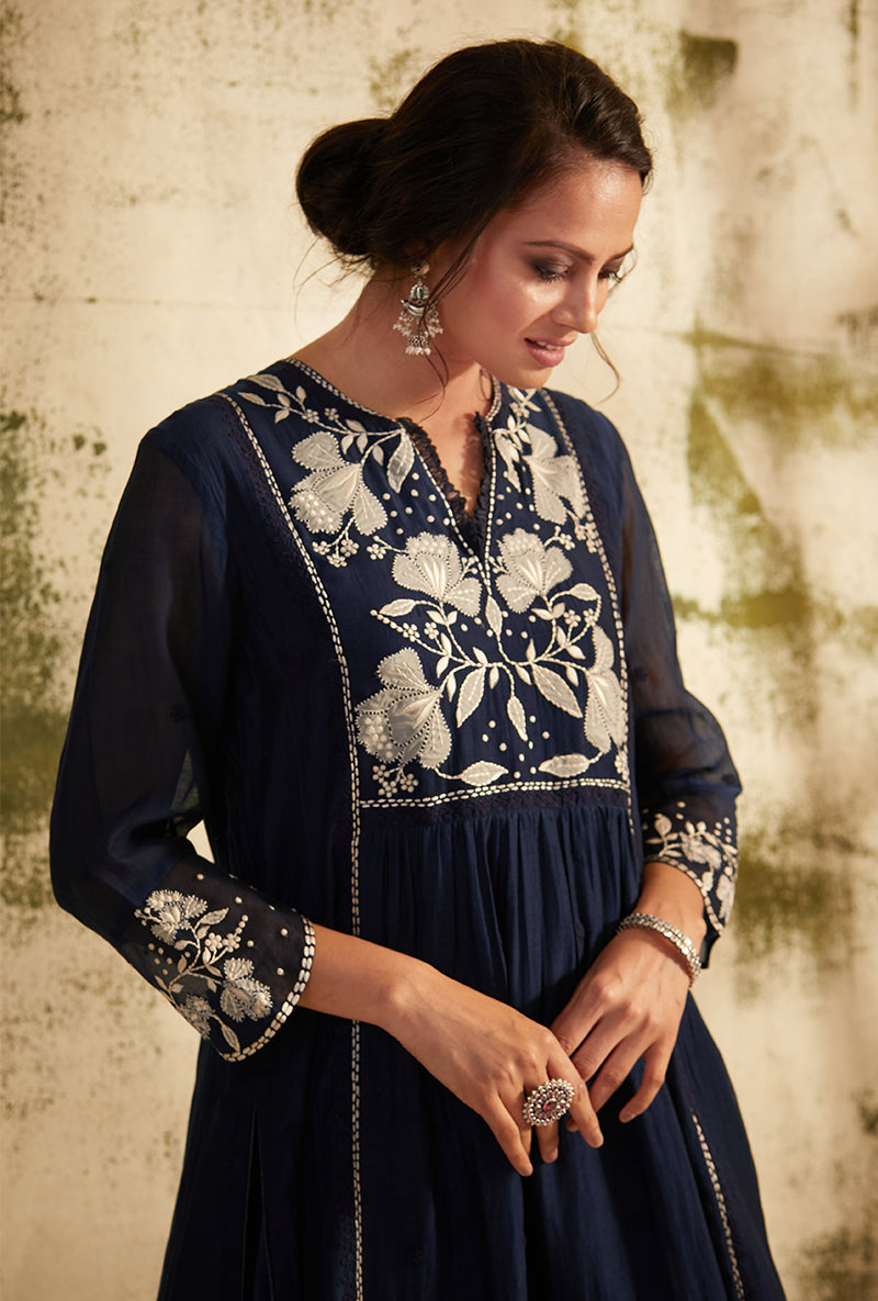 Navy Applique Yoke Nazam Kurta Set