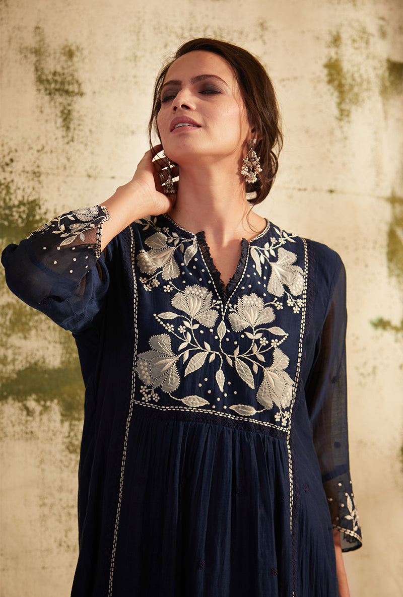 Navy Applique Yoke Nazam Kurta Set