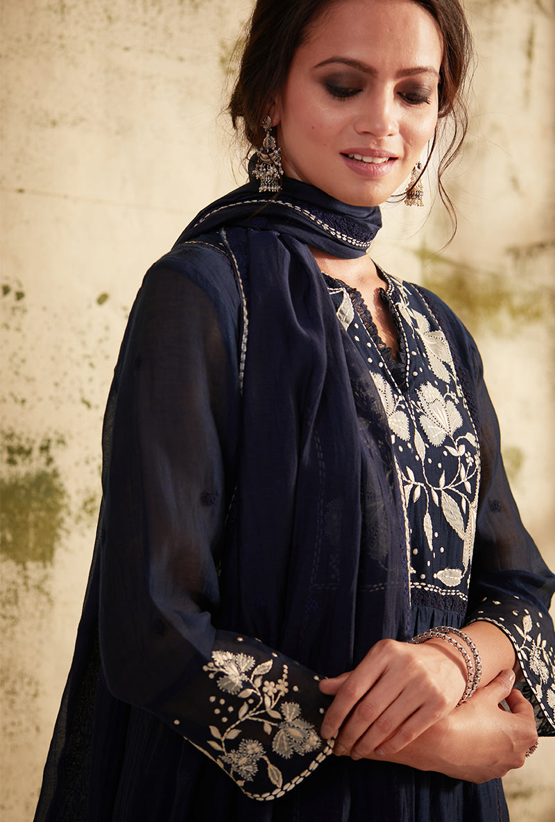 Navy Applique Yoke Nazam Kurta Set