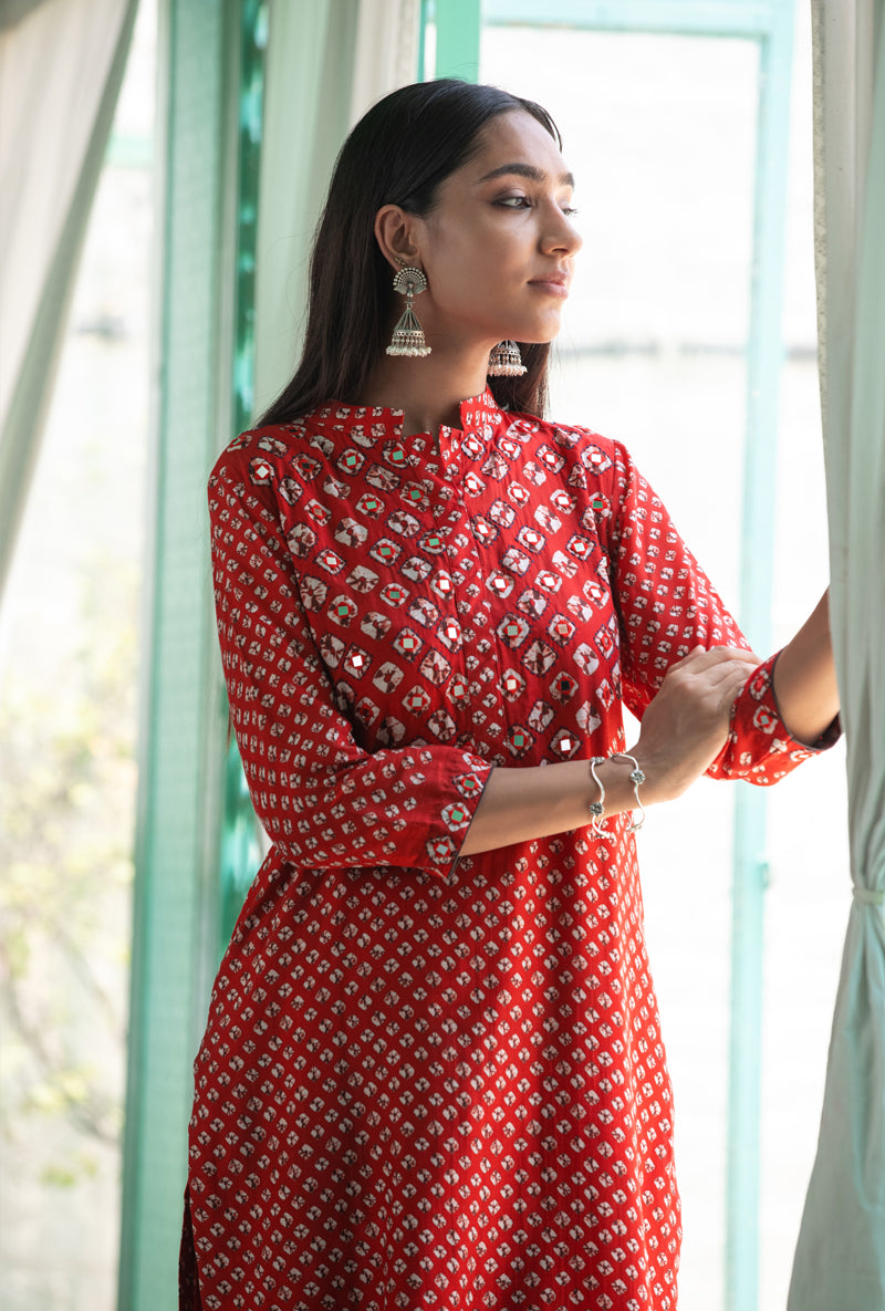 Red Collar And Mirror Nura Kurta Set