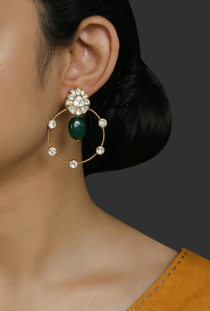 Gold Plated Silver Polki Bali With A Green Oval Pota