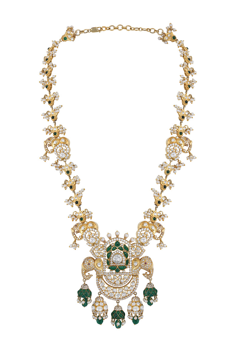 Gold Plated Silver Green Utarai & Polki Elephant Lotif Pendant Necklace With Pearl Drops