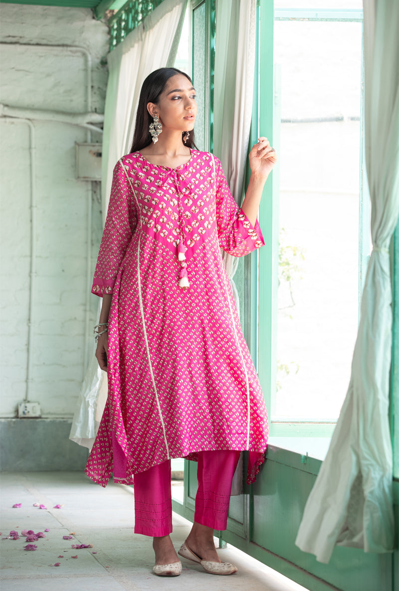 Pink Asymmetrical Nura Kurta Set