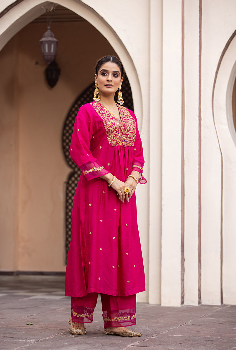 Rani Pink Leaf Jaal Ulfat Kurta Set