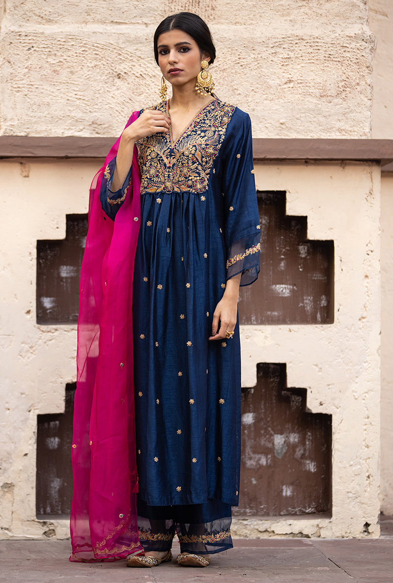 Blue Leaf Jaal Ulfat Kurta Set