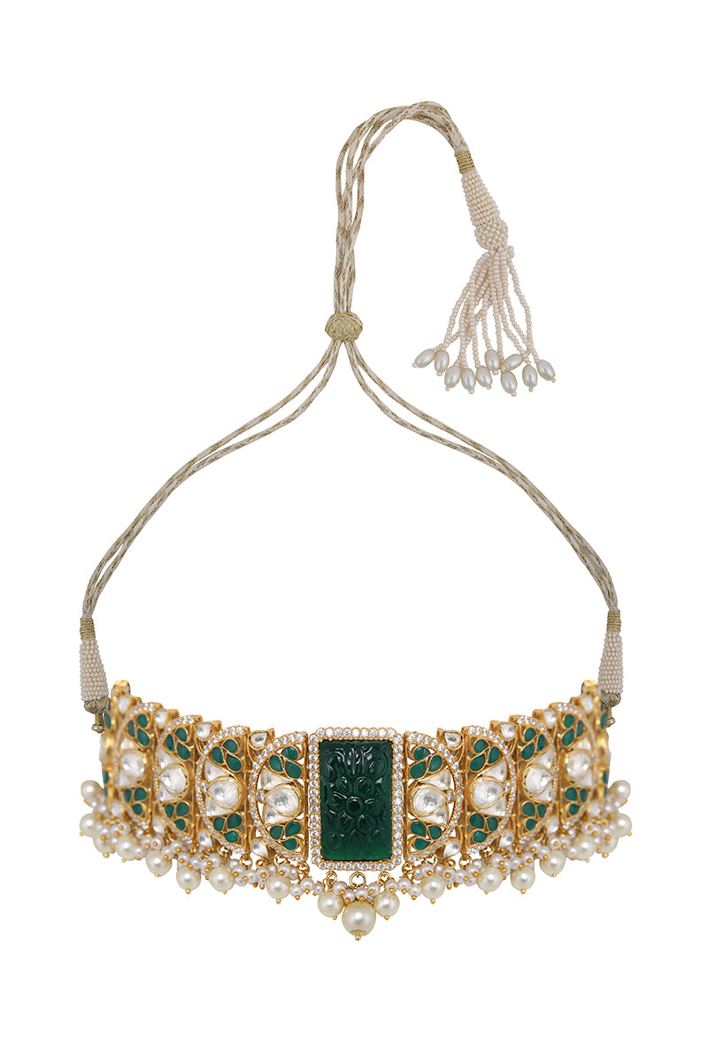 Green Carved Stone & Green Utrai With Bellur Polki Choker Strung With Freshwater Pearl Drops