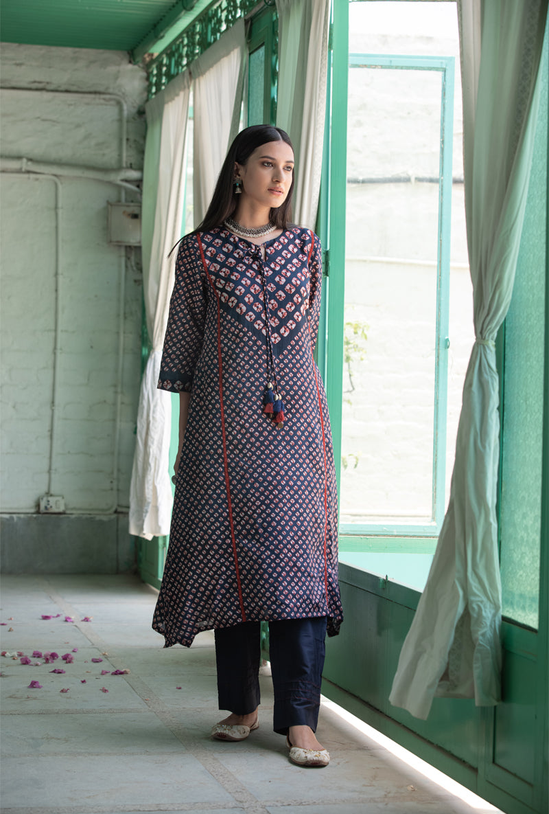 Navy Blue  Asymmetrical Nura Kurta Set