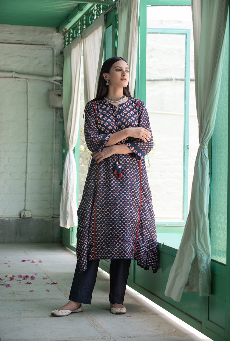 Navy Blue  Asymmetrical Nura Kurta Set