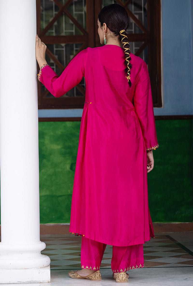 Rani Pink Heavy Tikki Neck Aayat Kurta Set