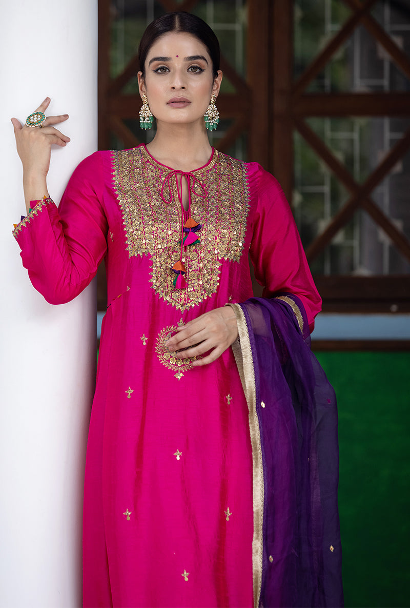 Rani Pink Heavy Tikki Neck Aayat Kurta Set