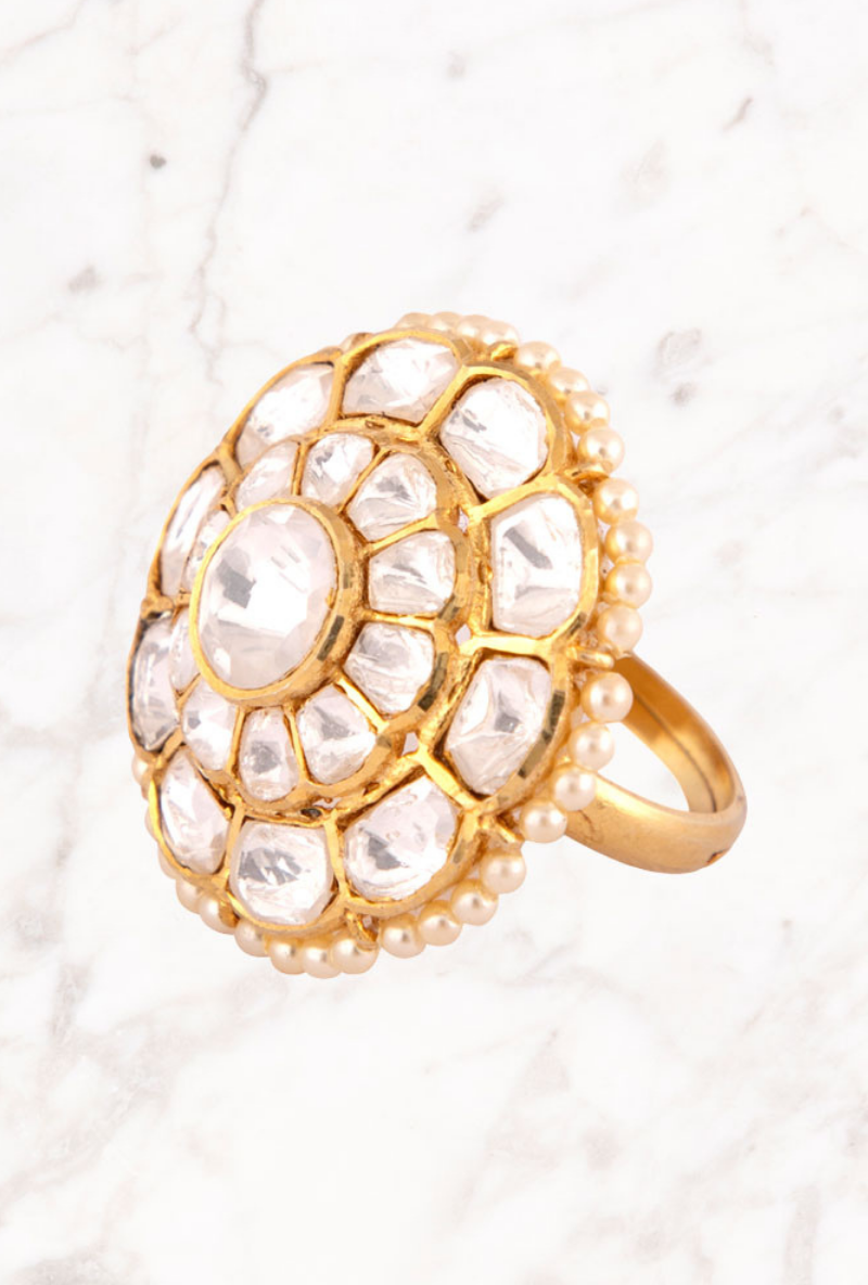 All White Polki Gold Plated Silver Ring With Pearls