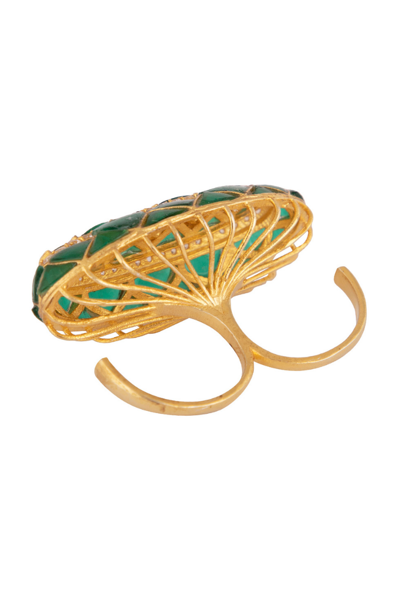 Gold Plated Silver Two Finger Ring With Green Stones & Polki