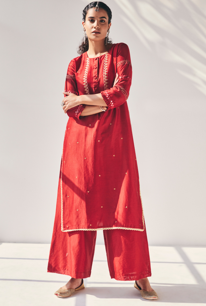 Red Mirror Work Fiza Kurta Set