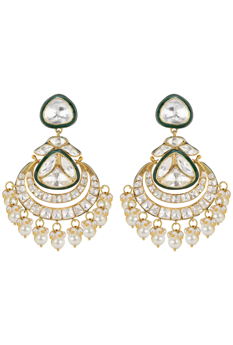Gold Plated Silver Triangular Earrings With Polki & Green Enamel & Fresh Water Pearls