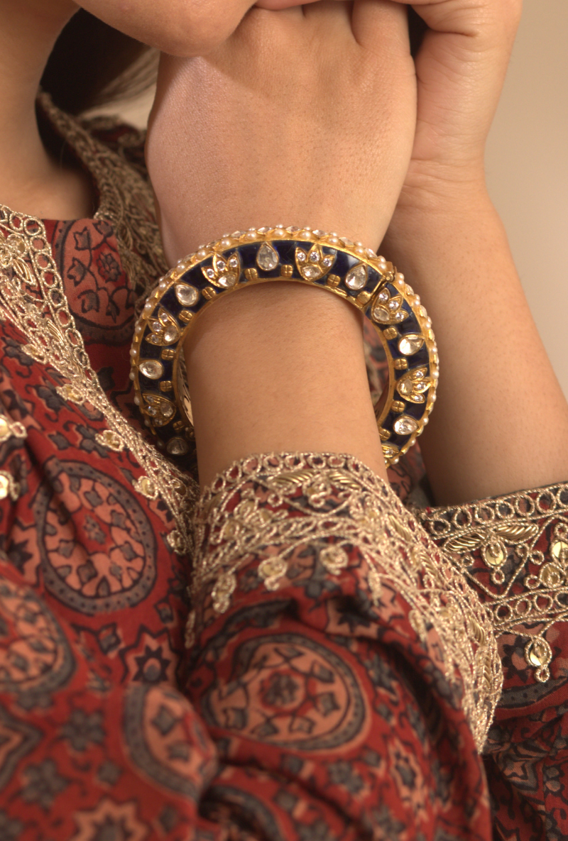 Gold Plated Silver Polki Openable Kada With Blue Stones & Pearls