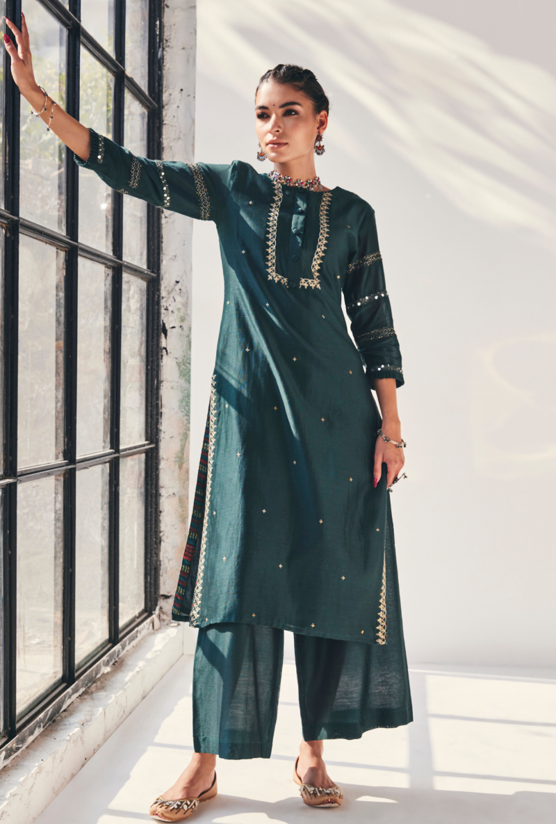 Green Mirror Work Fiza Kurta Set