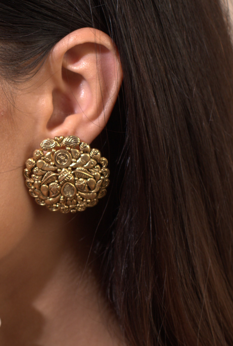 Gold Plated Silver Ear Studs With Detailed Textures