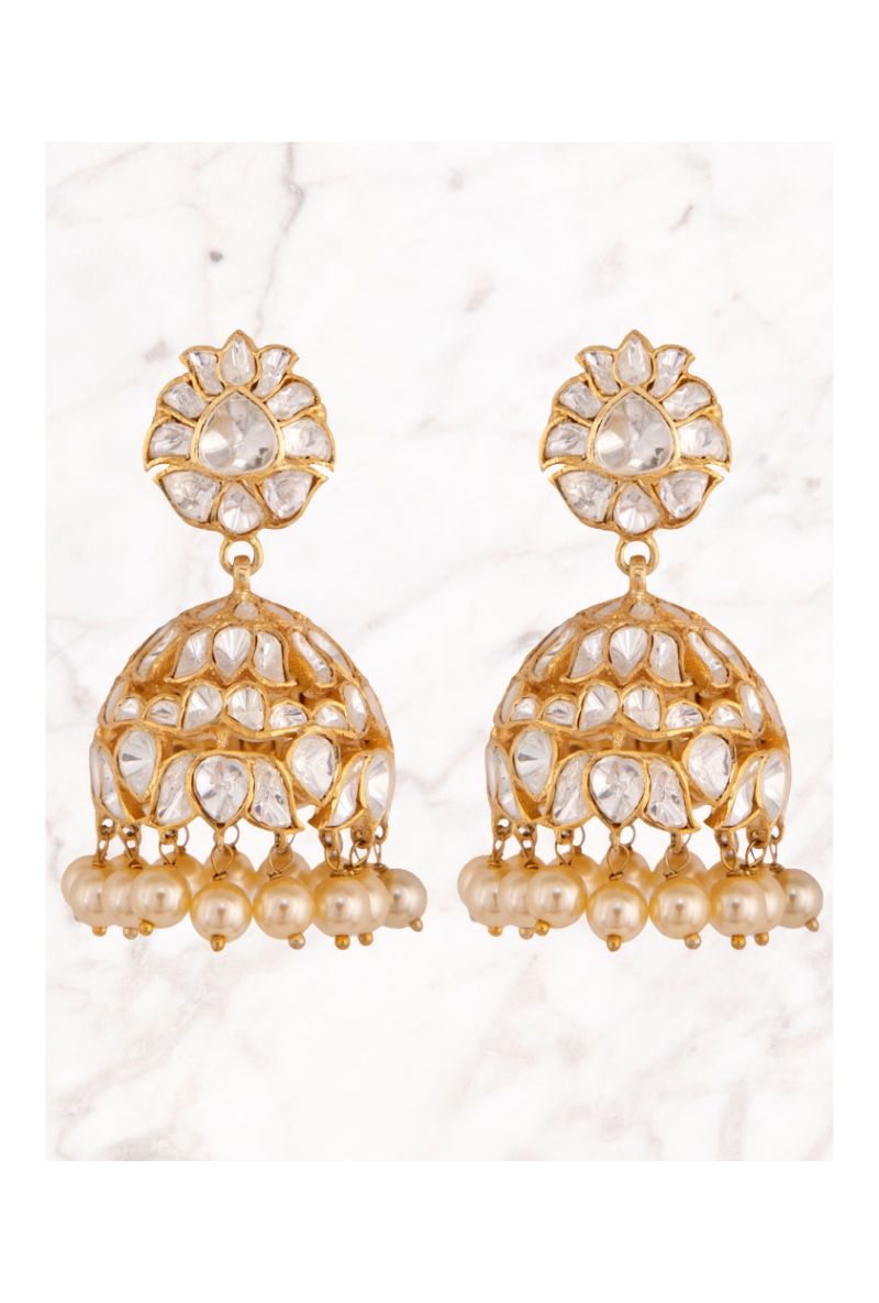 All White Polki Gold Plated Silver Jhumki