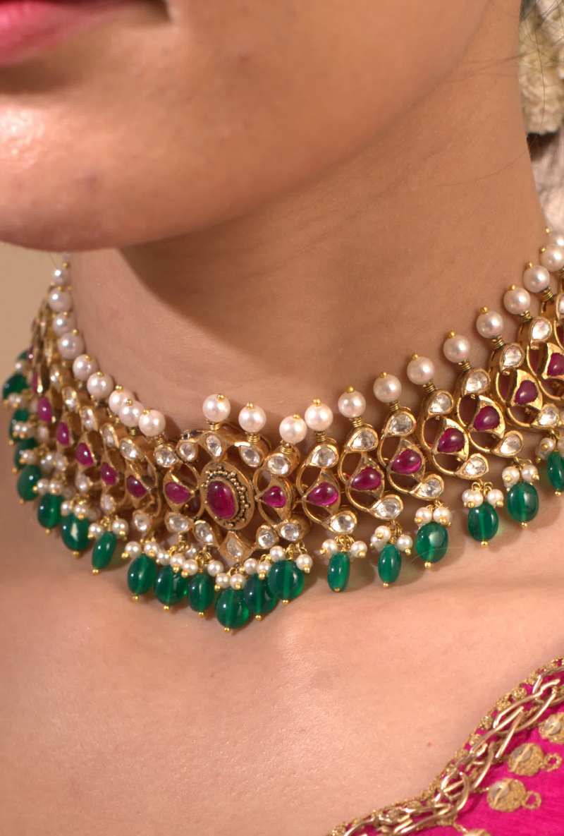 Gold Plated Silver Polki Choker With Red Stones & Green Drops